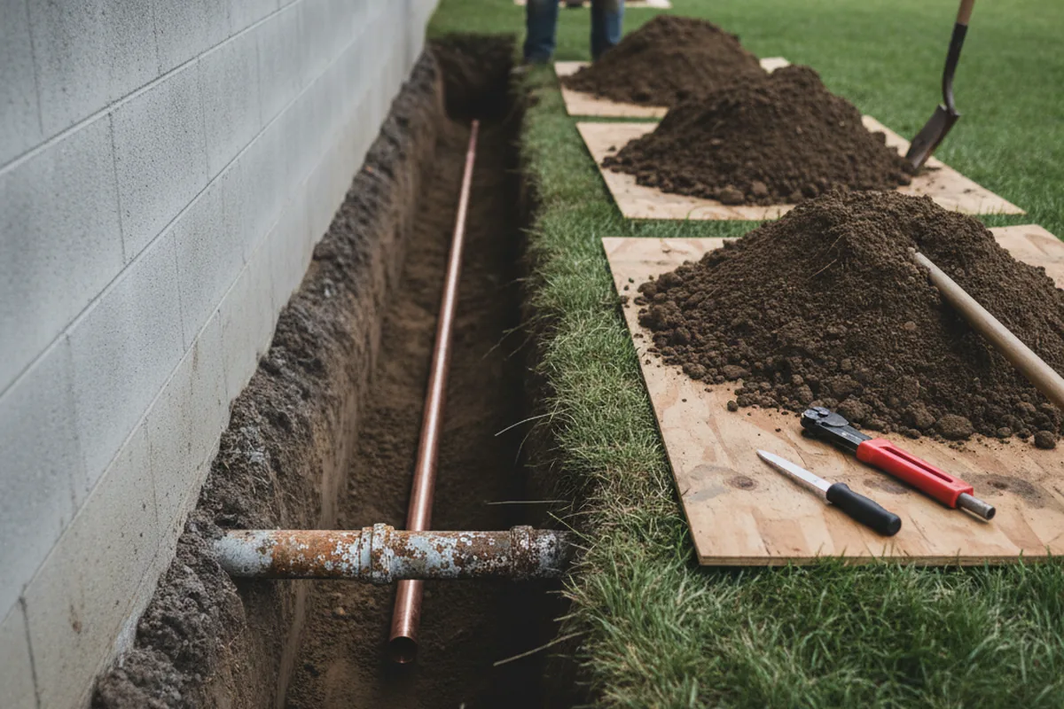 Excavated water line trench during Sewer Line Repair in Mascoutah